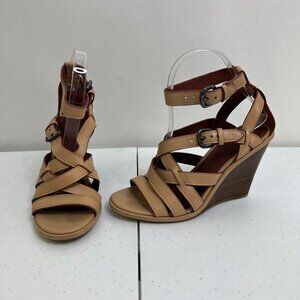 Coach Dawn‎ Wedges 6 B Leather Strappy Beige Heels Sandals Ankle Gladiator Brown